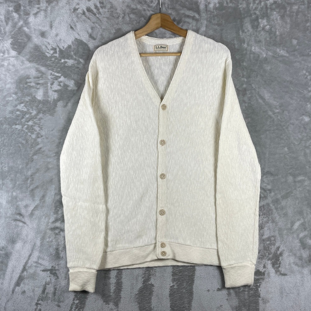 Vintage LL Bean Cardigan Sweater Mens L Cream Cotton USA Made 80s Grandpa Preppy
